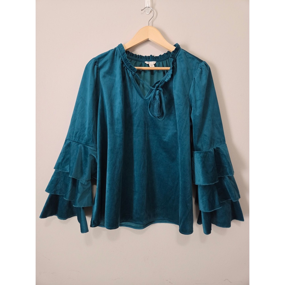 Cato Teal Velvet Ruffle Tiered Bell Sleeve Blouse Tassel Tie V-Neck Top Large - Picture 1 of 7